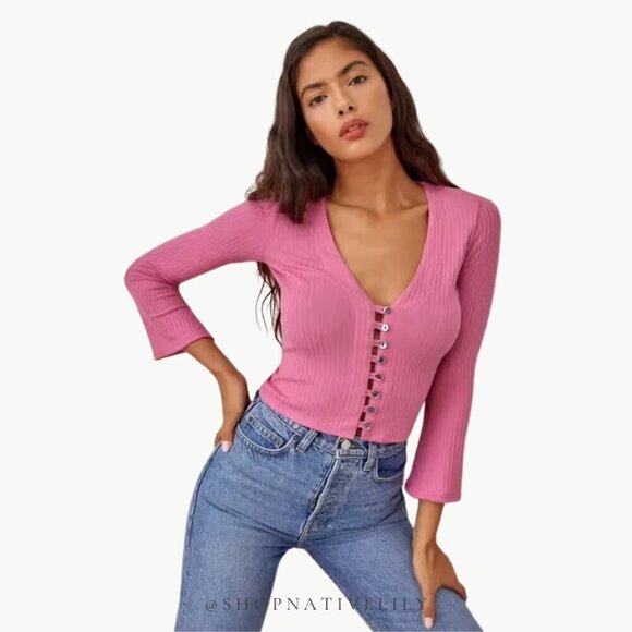 Reformation Women’s Gellar Ribbed Knit Button Cropped Top Sz Medium, Candy Pink - Picture 1 of 12